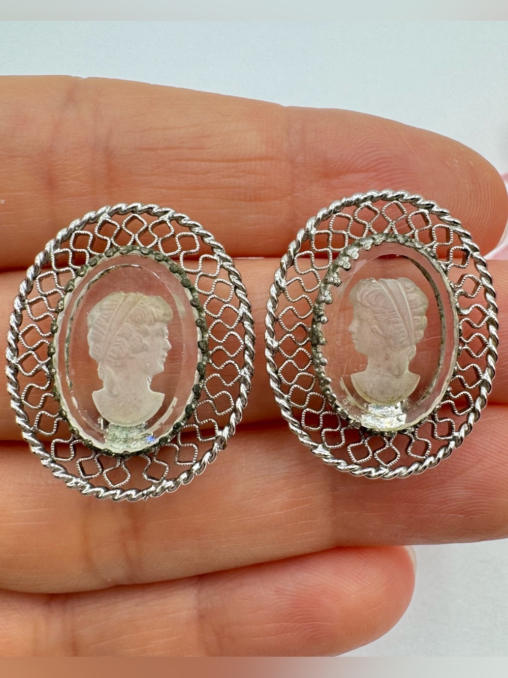 Vintage Whiting & Davis Intaglio Filigree Earrings Carved Glass Cameo Clip On